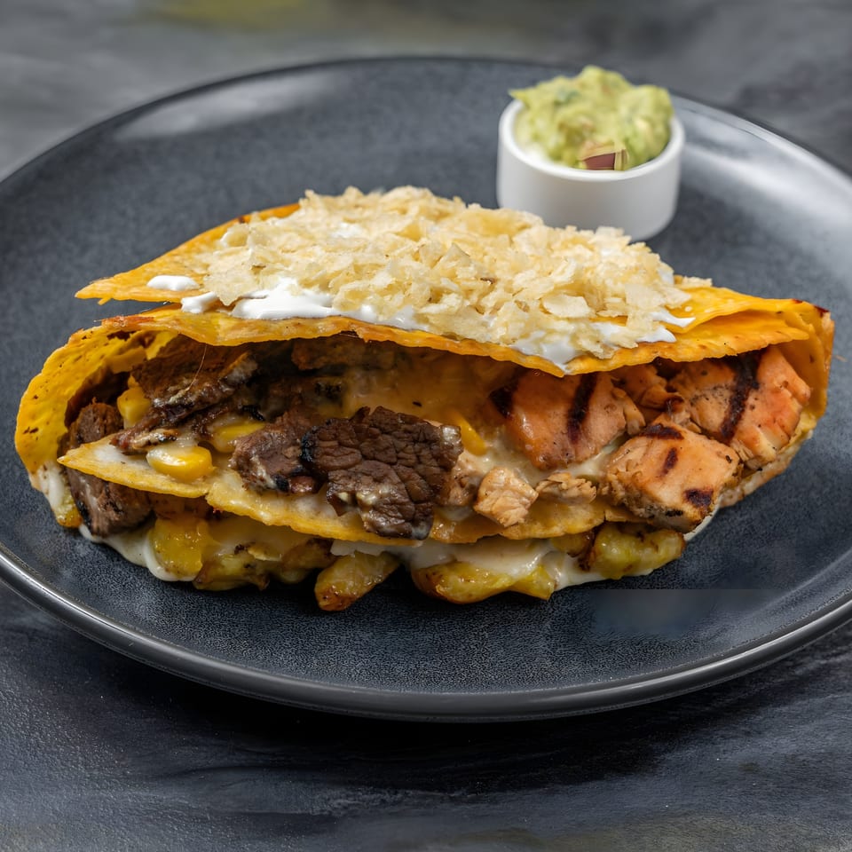 Made in Colombia's layered Colombian dish with grilled meats, cheese, corn, and a side of guacamole.