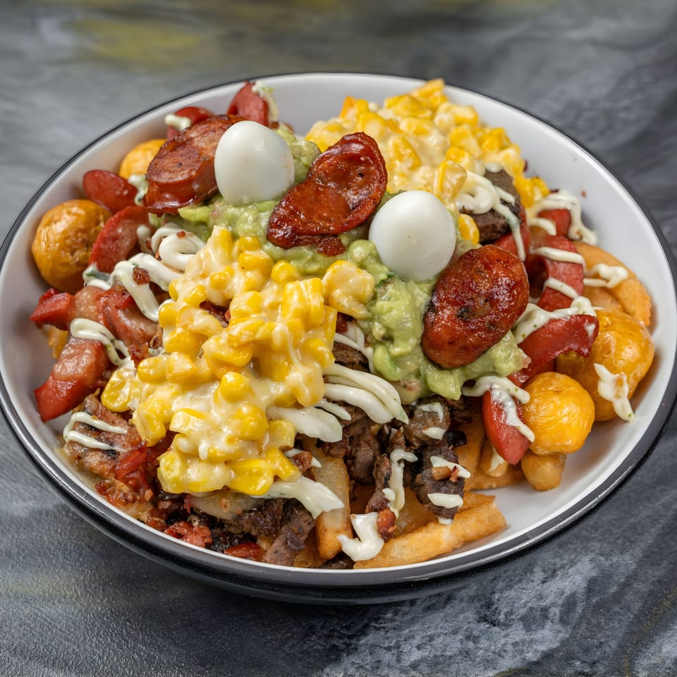 A Colombian picada with fries, chorizo, beef, corn, quail eggs, and sauces in a white bowl.