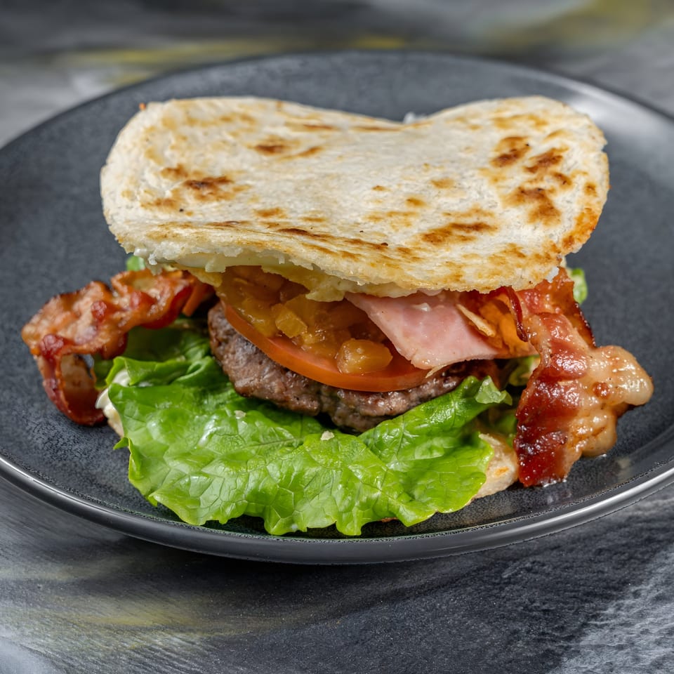 Colombian burger with bacon, ham, lettuce, tomato, and pineapple jam on a dark plate.